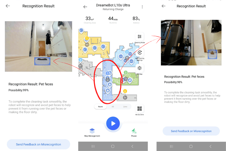 Dreame L10s Ultra umfährt Hundekot beim Objekterkennungstest. 